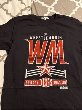 WWEJunk Food Clothing Black Tee with Red & White WrestleMania WM Graphic